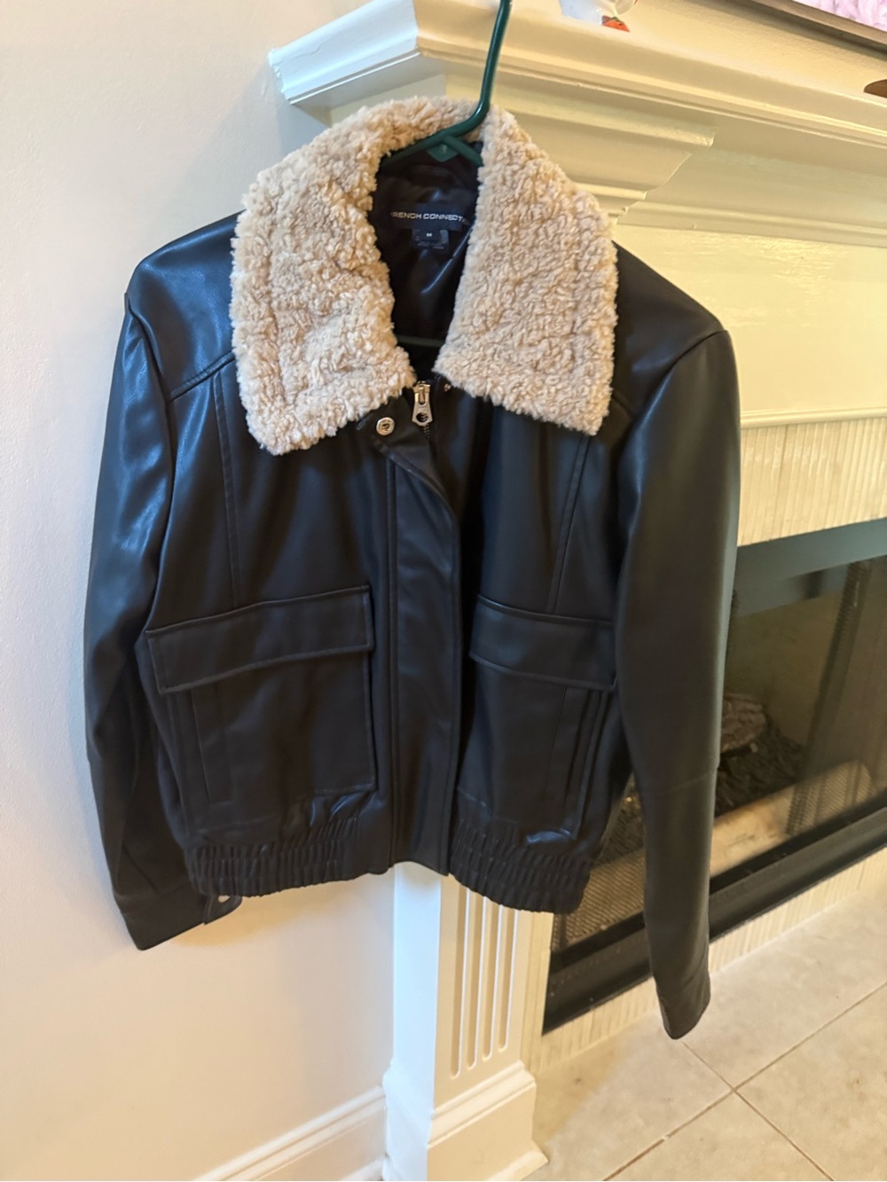 French Connection Faux Leather Sherpa Collar Moto Jacket Black M